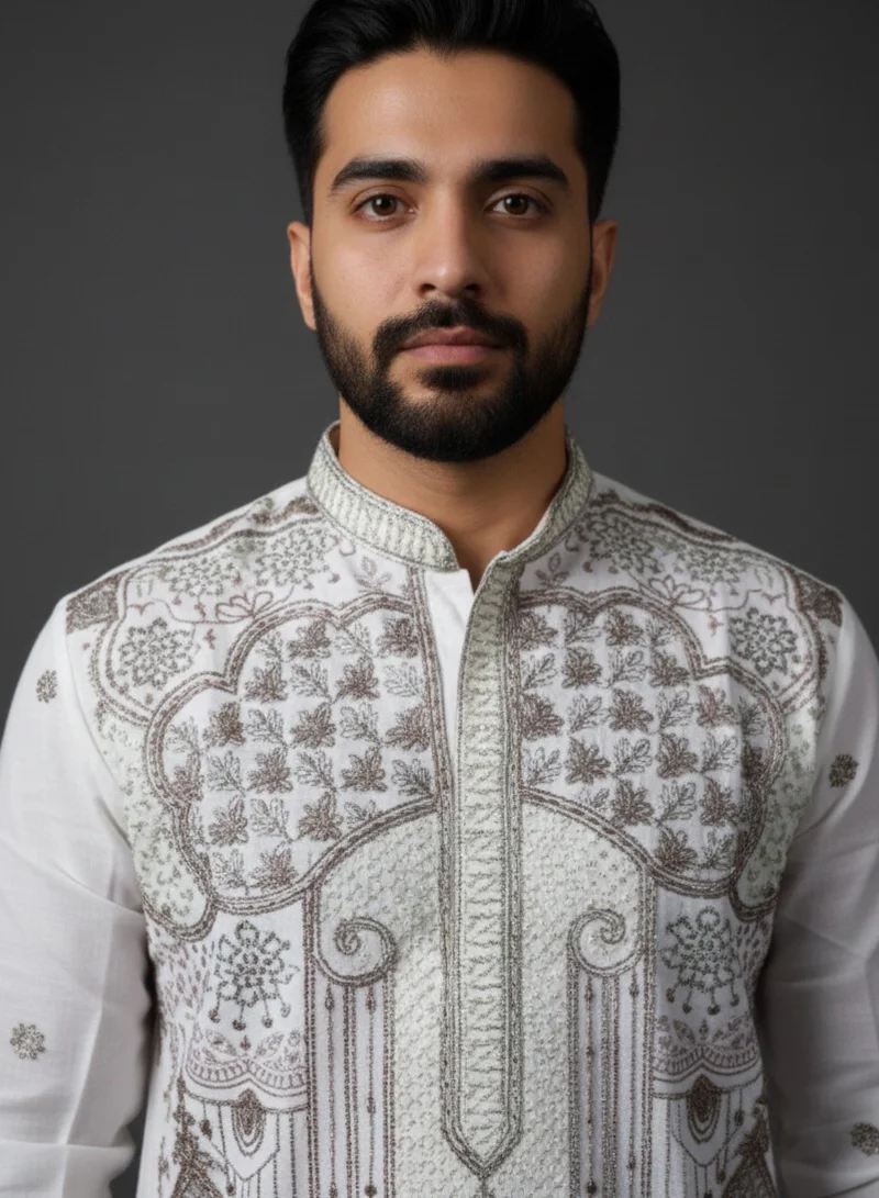 Lehar Men's Hand-Embroidered Chanderi Silk Kurta in Ivory with Intricate Mughal-Inspired Patterns